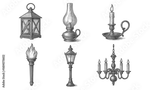 Vintage lighting collection featuring lanterns, oil lamps, and chandeliers in engraved style