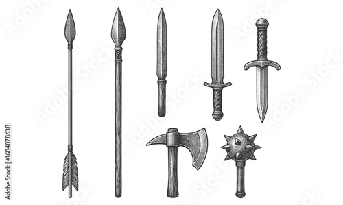 Vintage engraved medieval weapon set with swords, axes, and spears