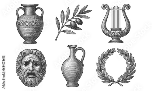 Classical greek elements: vases, laurel wreath, and musical lyre in detailed engraving