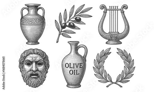 Ancient greek themed engravings featuring amphorae, lyre, olive branch, theatre mask, and laurel wreath