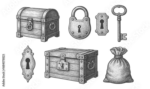 Vintage lock and treasure chest collection in intricate engraving style