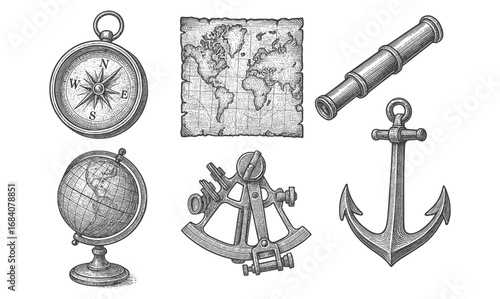 Vintage nautical navigation tools with antique compass, telescope, and world map
