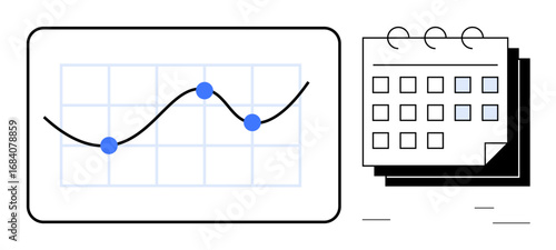 Line graph with data points on grid and calendar with marked days suggesting pattern observation, timeline planning. Ideal for data analysis, scheduling, project management, planning, strategy