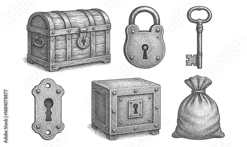 Vintage engraved lock and key collection: antique safe, chest, and sack