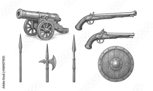 Vintage weapons collection featuring cannon, pistols, and medieval gear in detailed engraving style