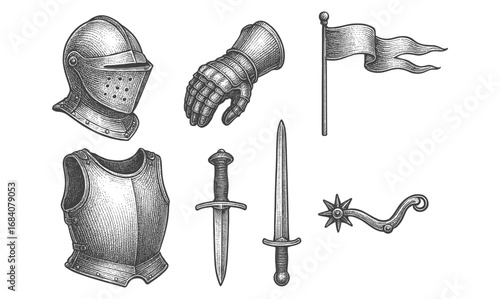 Medieval armory collection: helmet, gauntlet, dagger, sword, armor in vintage style