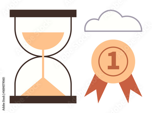 Hourglass with flowing sand, a cloud icon, and a first-place medal with ribbons. Ideal for time management, goal setting, achievement, productivity, prioritization success and efficiency. Simple