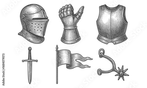 Vintage medieval armor and weaponry set with helmet, sword, and shield design