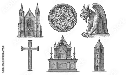 Gothic architecture elements: cathedral, gargoyle, cross, rose window, altar, bell tower