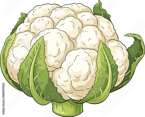 vibrant white cauliflower with lush green leaves a detailed culinary illustration