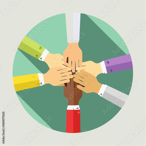 Group Agreement. A circle of five abstract, stylized figures, all with their hands reaching into the center to form a unified hand-stack.
