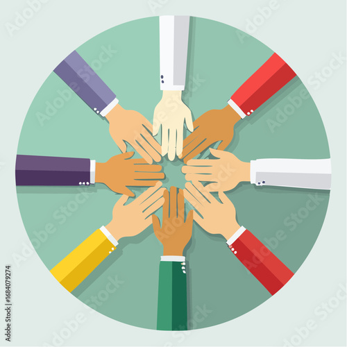 Group Agreement. A circle of five abstract, stylized figures, all with their hands reaching into the center to form a unified hand-stack.
