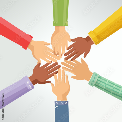 Group Agreement. A circle of five abstract, stylized figures, all with their hands reaching into the center to form a unified hand-stack.
