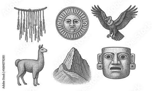 Hand drawn incan icons: sun mask, condor, llama, mountain, and tribal mask