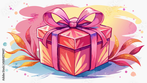 Pink gift box with ribbon watercolor art showing delicate wrapping and soft texture in charming present design white background