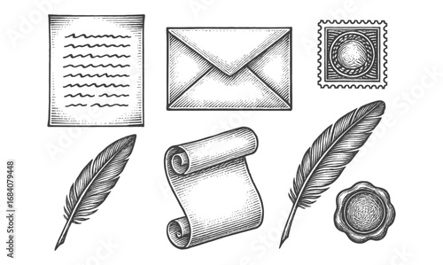 Vintage writing instruments and mail elements in engraved style