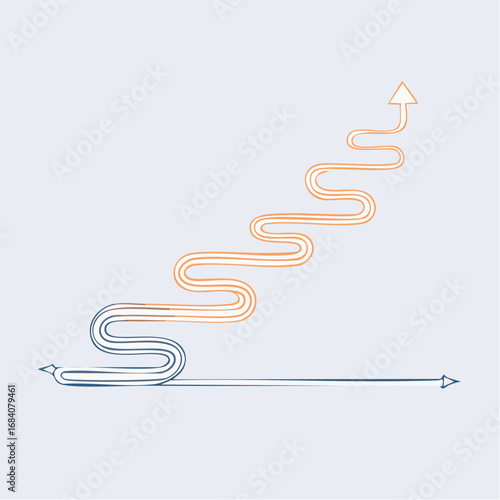 Narrative Arc Path. A simple, winding path that starts low, rises to a peak, and then settles at a new, higher baseline.
