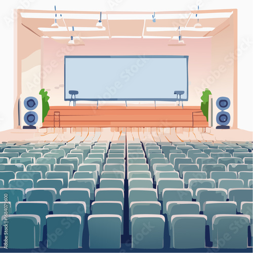 Conference Auditorium. An empty auditorium or lecture hall with rows of seats facing a large stage and a giant, empty screen.
