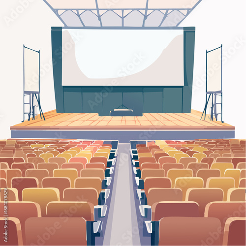 Conference Auditorium. An empty auditorium or lecture hall with rows of seats facing a large stage and a giant, empty screen.
