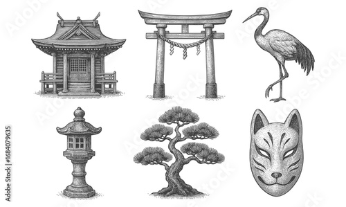 Traditional japanese elements featuring shrine, torii, crane, pine, lantern, oni mask