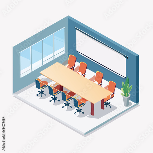 Modern Boardroom. An illustration of a modern boardroom with a long table, chairs, and a large, empty projection screen on the wall.
