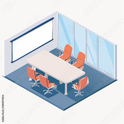 Modern Boardroom. An illustration of a modern boardroom with a long table, chairs, and a large, empty projection screen on the wall.
