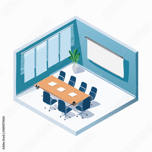 Modern Boardroom. An illustration of a modern boardroom with a long table, chairs, and a large, empty projection screen on the wall.
