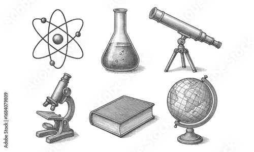Scientific instruments in vintage engraving style: microscope, telescope, atom, and globe illustrations