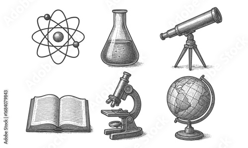 Vintage science equipment collection: telescope, microscope, globe, book, atom, flask