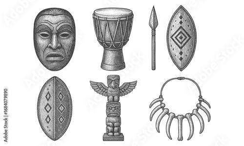 Traditional tribal artifacts collection featuring masks, drums, and shields in engraved style