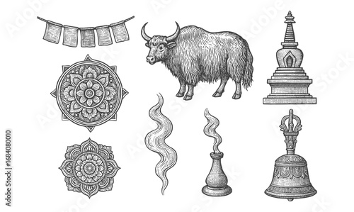 Intricate tibetan symbols and yak in vintage style with mandalas and traditional artifacts