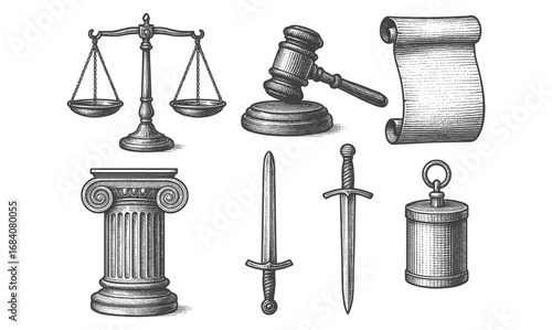 Vintage legal and historical elements in hand drawn style