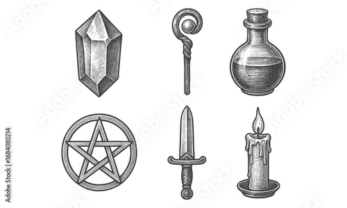 Vintage magic symbols: crystal, wand, potion, pentacle, sword, candle