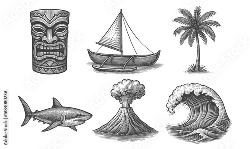 Vintage tropical elements with tiki mask, sailboat, and shark in hand drawn style