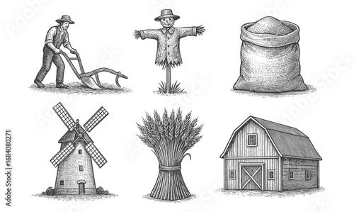 Vintage farm harvest elements with windmill, barn, and scarecrow in engraved style