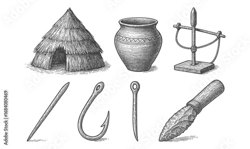 Vintage hand-drawn tools and shelter from prehistoric times: pen and ink style