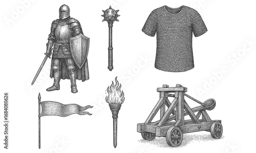 Medieval armor and weapons collection in detailed vintage style