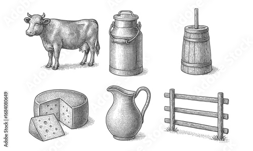 Vintage farm elements: cow, milk can, churn, cheese, pitcher, and fence