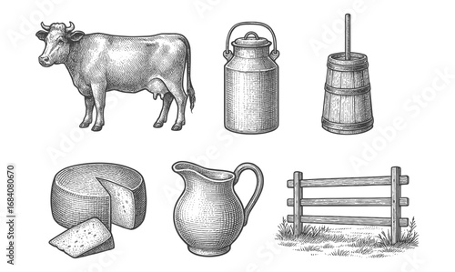 Vintage dairy farm elements with cow, milk jug, churn, cheese, pitcher, and fence in detailed sketch style
