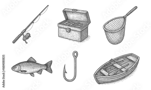 Vintage fishing gear set: rod, tackle box, fish, hook, net, and rowboat sketches