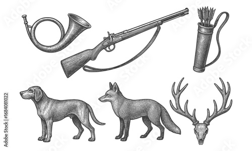 Vintage hunting scene with rifle, horn, quiver, dog, fox, and deer skull