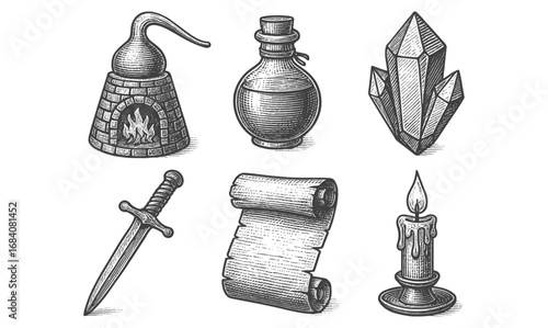 Vintage alchemy set: hand-drawn artifacts and mystical symbols