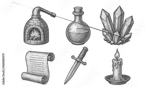 Alchemy tools and symbols set in vintage engraving style with crystals, potions, and candles
