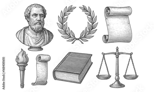 Vintage engraving of philosophical and legal symbols: scroll, torch, and scales