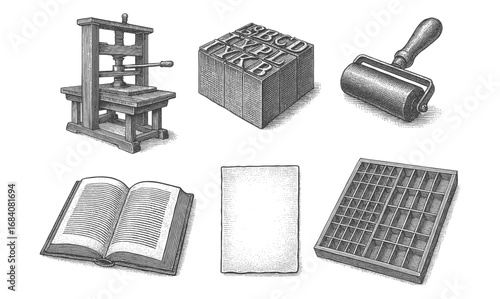 Vintage printing tools collection: retro engraving style printmaking elements and typography equipment