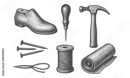 Vintage engraving of shoe repair tools: awl, hammer, leather, thread, nails