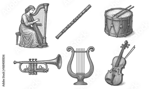 Vintage music instruments in detailed engraving style for retro art designs