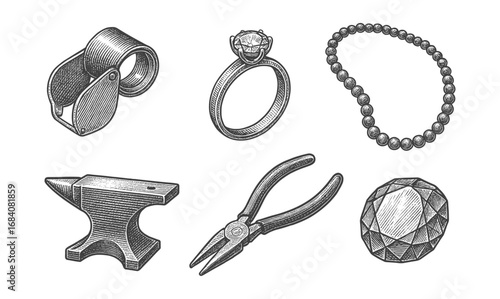 Vintage jewelry tools and accessories sketch collection