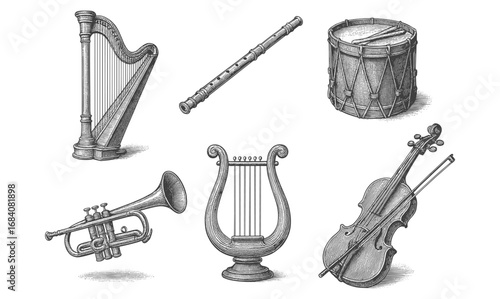 Elegant vintage style musical instruments collection in detailed engraving