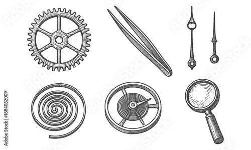 Vintage timepiece components with engraved style featuring gears, hands, and magnifying glass
